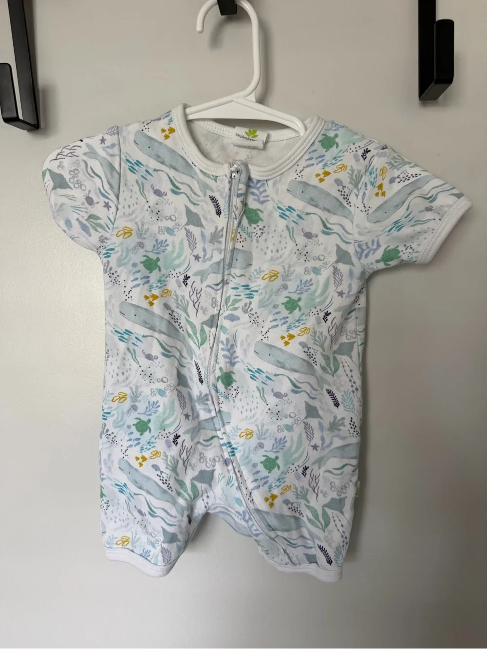 Boutique Baby Ocean Print Short Sleeve One-Piece - White with Blue & Green